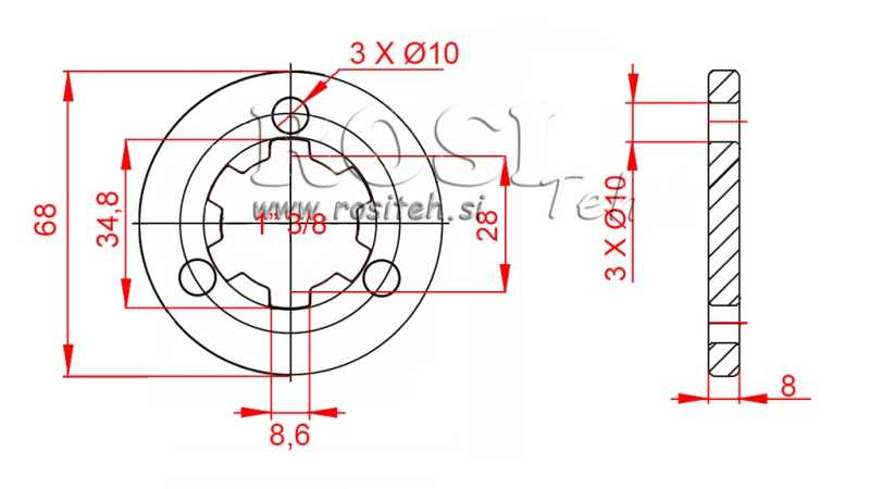 ADAPTER KARDANA Z KOŁNIERZEM 3 OTWORY I SWORZEŃ 1-3/8 (80 mm)