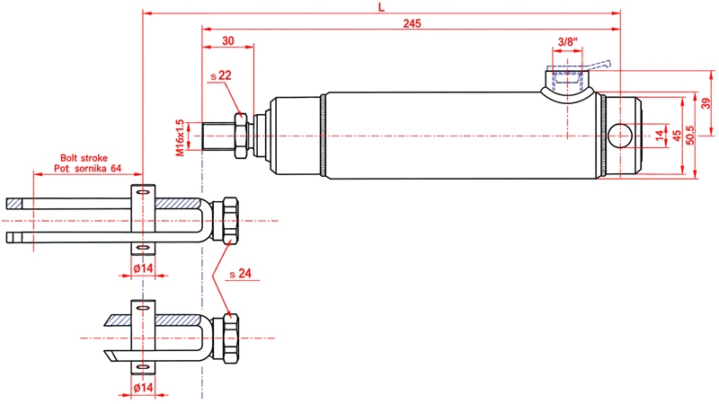 CYLINDEREK HAMULCOWY SPRĘŻYNOWY Z KOŃCÓWKĄ GWINTOWANĄ 25/70mm