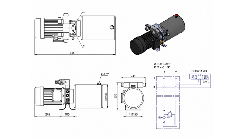 MINI HYDRAULICZNA JEDNOSTKA ZASILAJĄCA 380V AC (2.2 kW) - 8.0 cc - 11.2 lit/min - zbiornik 12 lit