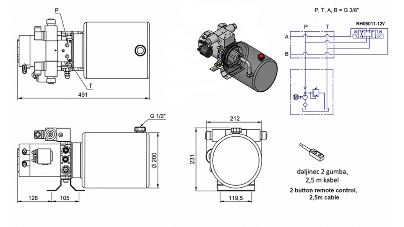MINI HYDRAULICZNA JEDNOSTKA ZASILAJĄCA 12V DC - 1.6kW = 2.1cc - 8 lit - jednostka dwukierunkowa (metal)