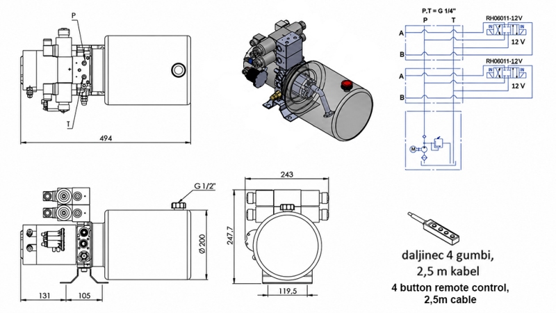 MINI HYDRAULICZNA JEDNOSTKA ZASILAJĄCA 12V DC - 1.6kW = 2.1cc - 8 lit - 2x jednostka dwukierunkowa (metal)