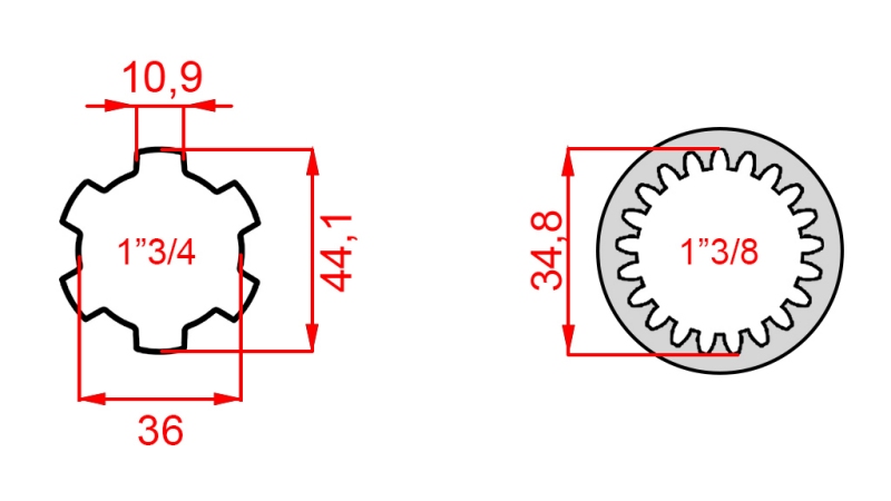 ADAPTER KARDANA Z 1-3/8 (21 WPUSTÓW) NA 1-3/4 (150 mm)