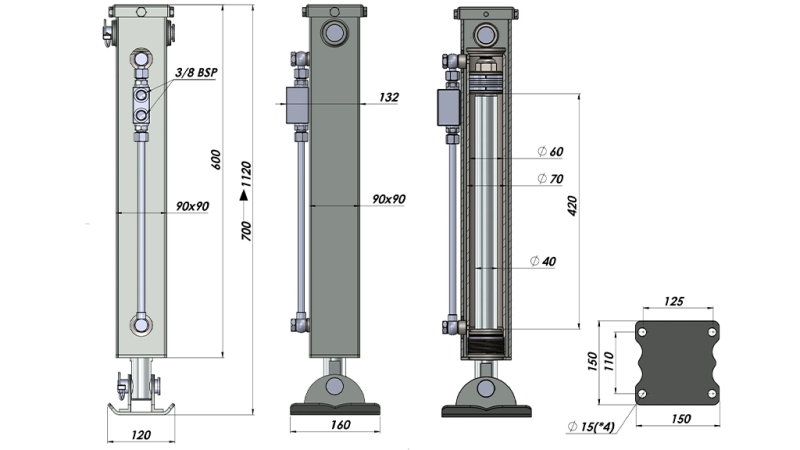 DWUSTRONNEGO DZIAŁANIA HYDRAULICZNA NOGA PODPOROWA (90x90x700 mm) - SKOK 420 mm - 2.500 kg