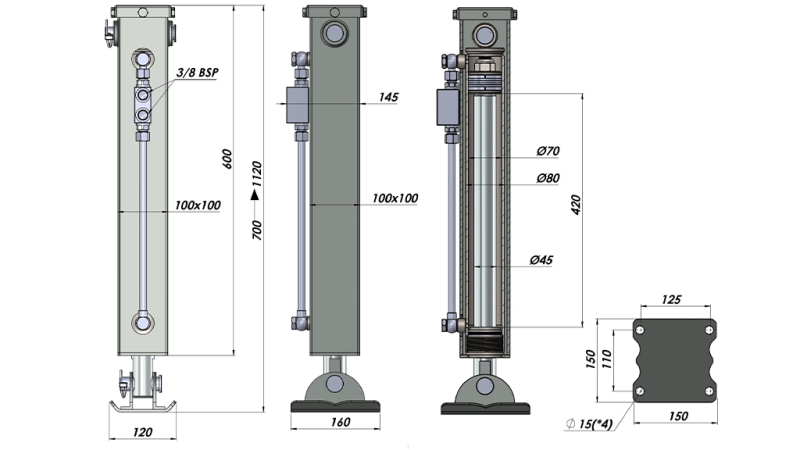 DWUSTRONNEGO DZIAŁANIA HYDRAULICZNA NOGA PODPOROWA (100x100x700 mm) - SKOK 420 mm - 5.000 kg
