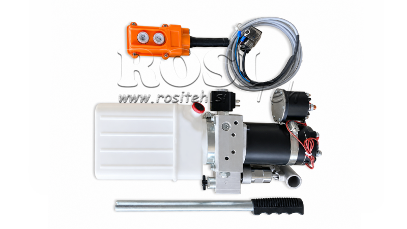 MINI JEDNOSTKA HYDRAULICZNA 12V DC - 0.8KW = 0.5CC - 1.5 LITRÓW - MONTAŻ JEDNOAKCYJNY (PVC) Z RĘCZNĄ POMPĄ