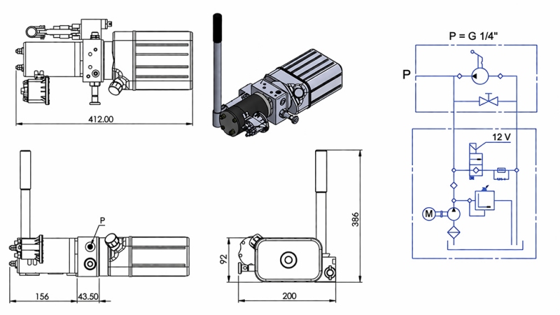 MINI JEDNOSTKA HYDRAULICZNA 12V DC - 0.8KW = 0.5CC - 1.5 LITRÓW - MONTAŻ JEDNOAKCYJNY (PVC) Z RĘCZNĄ POMPĄ