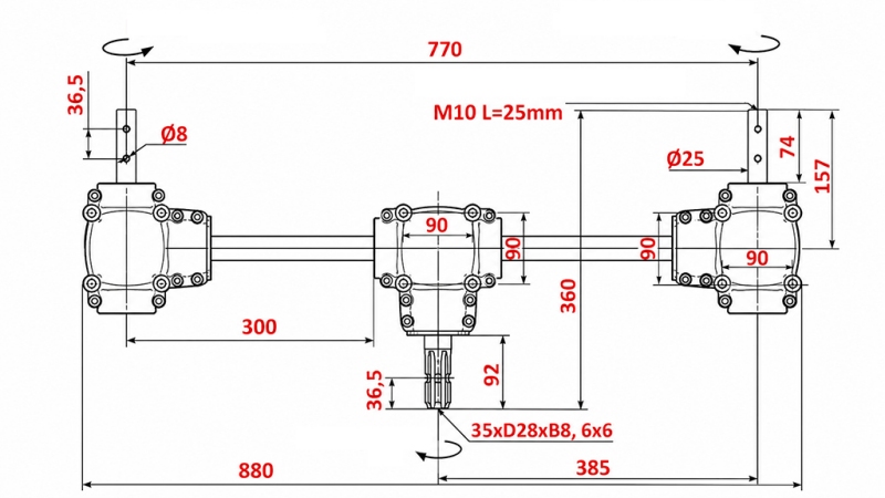 SET DE REDUCTOARE 1:1,35 (22HP-16kW) PENTRU ÎMPRĂȘTIETOR DE GUNOI L:770 - ALU