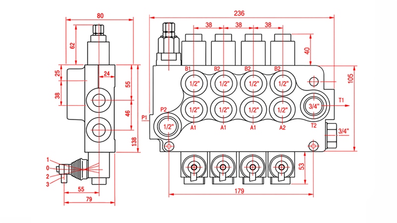 HYDRAULICZNY ZAWÓR RĘCZNY – ROZDZIELACZ 4-SEKCYJNY 4xR80 ECO