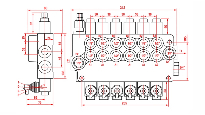 HYDRAULICZNY ZAWÓR RĘCZNY – ROZDZIELACZ 6-SEKCYJNY 6xR80 ECO