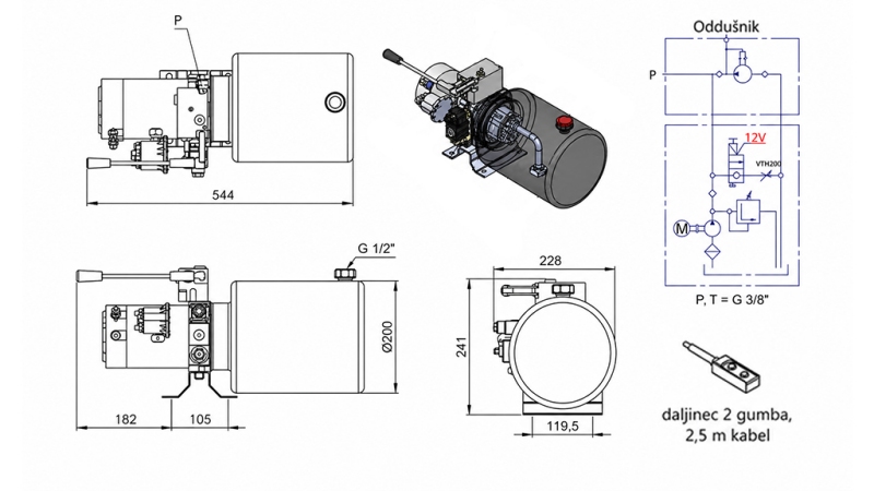 MINI HYDRAULICZNA JEDNOSTKA ZASILAJĄCA 12V DC - 1.6kW = 2.1cc - 8 litrów - jednostka jednofazowa Z POMPĄ RĘCZNĄ