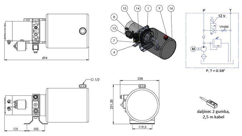 MINI AGREGAT HYDRAULICZNY 12V DC - 1.6kW = 2.1cc - 8 lit - montaż w kierunku jednostronnym (metal)