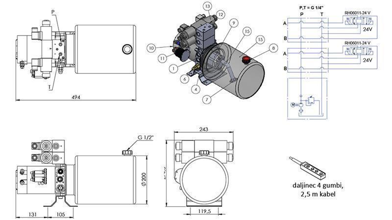 MINI HYDRAULISK AGGREGAT 24V DC - 2.2kW = 2.1cc - 8 lit - 2x bidirektionel samling (metal)