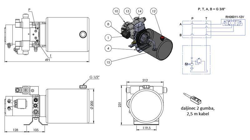 MINI HYDRAULISK AGGREGAT 12V DC - 1.6kW = 2.1cc - 8 lit - dobbelt retningssamling (metal)