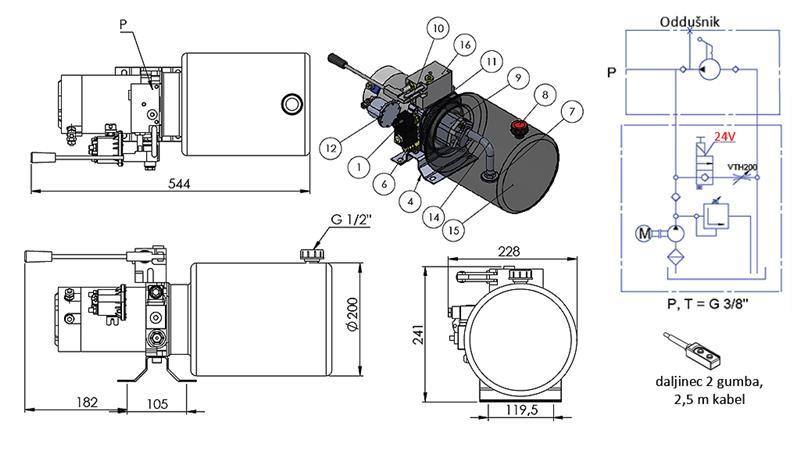 MINI AGREGAT HYDRAULICZNY 24V DC - 2.2kW = 2.1cc - 8 lit - montaż w kierunku jednostronnym Z POMPĄ RĘCZNĄ