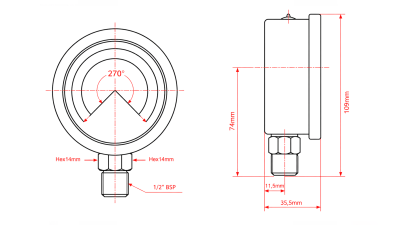 MANOMETER DN100 WERTYKALNY 0 - 250 BAR - 1/2