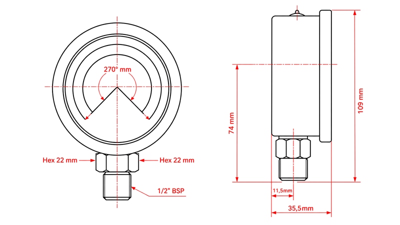 MANOMETER DN100 WERTYKALNY 0 - 160 BAR - 1/2