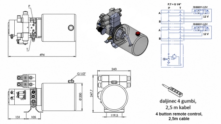 MINI HYDRAULICZNA JEDNOSTKA ZASILAJĄCA 12V DC - 1.6kW = 2.1cc - 8 lit - 2x jednostka dwukierunkowa (metal)