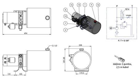 MINI AGREGAT HYDRAULICZNY 12V DC - 1.6kW = 2.1cc - 8 lit - montaż w kierunku jednostronnym (metal)