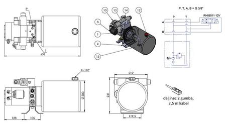 MINI HYDRAULISK AGGREGAT 12V DC - 1.6kW = 2.1cc - 8 lit - dobbelt retningssamling (metal)