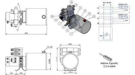 MINI HYDRAULISK AGGREGAT 12V DC - 1.6kW = 2.1cc - 8 lit - 2x dubbelriktad montering (metall)