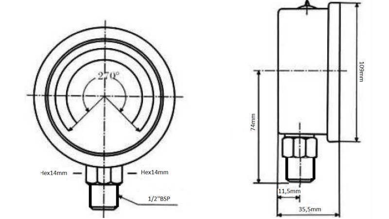 MANOMETR DN100 WERTYKALNY 0 - 60 BAR - 1/2-wymiary