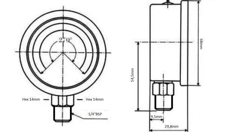 MANOMETR DN63 WERTYKALNY 0 - 12 BAR - 1/4-wymiary