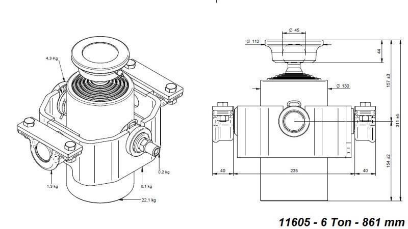 TELESCOPISK CYLINDER KOMPAKT 6 TRIN 861mm x125 -KUGLE