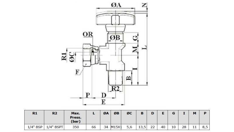 ZAWÓR HYDRAULICZNY DO MANOMETRU 90° - wymiary