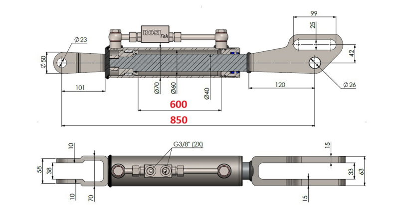 2TON. HYDRAULICZNE CIĘGNO GÓRNE FORK 60/40-250 (600MM-850MM)