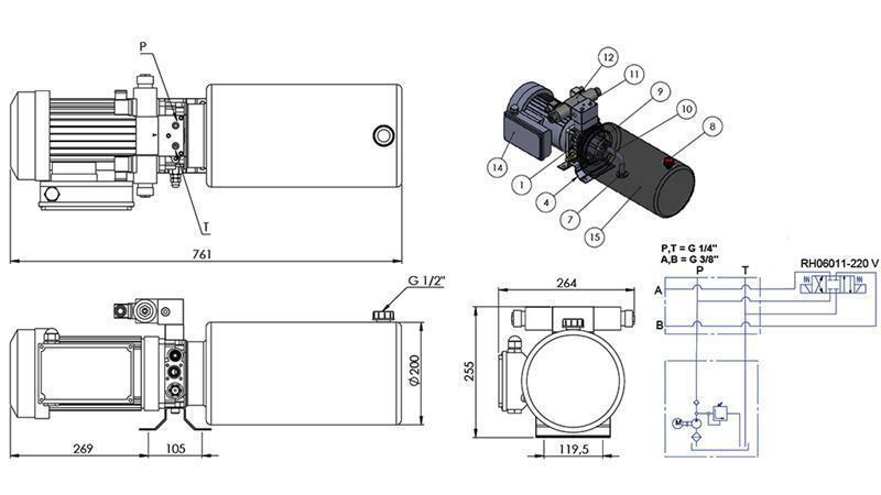 MINI AGREGAT HYDRAULICZNY 230V AC (2.2 kW) - 8.0 cc - 11.2 lit/min - zbiornik 12 lit