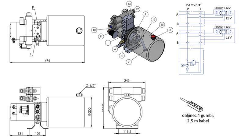 AGREGADO HIDRÁULICO MINI 12V CC - 1.6kW = 2.1cc - 8 lit - 2x ensamblaje bidireccional (metal)