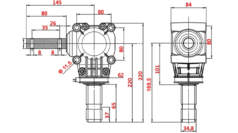 PRZEKŁADNIA KĄTOWA L-150J 1:1 (12HP-9KW)