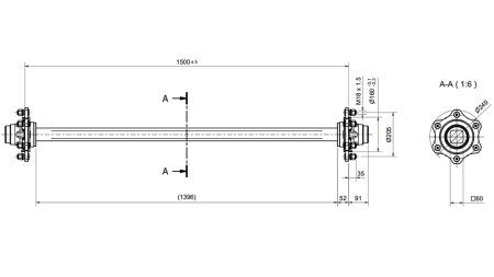 AKSELI PERÄVAUNULLE 4800 KG ILMAN JARRUA (1500 MM)