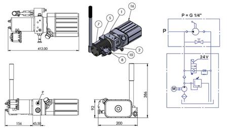 MINI AGREGAT HYDRAULICZNY 24V DC - 0.8kW = 0.5cc - 1.5 lit - jednostka jednofazowa (PVC) z ręczną pompą